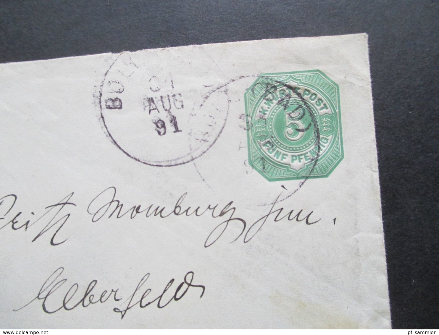 Altdeutschland Württemberg 1891 GA Umschlag Mit Zusatzfrankatur Gleicher Farbe Nach Elberfeld Mit Ank. Stp. K1 Elberfeld - Postal  Stationery