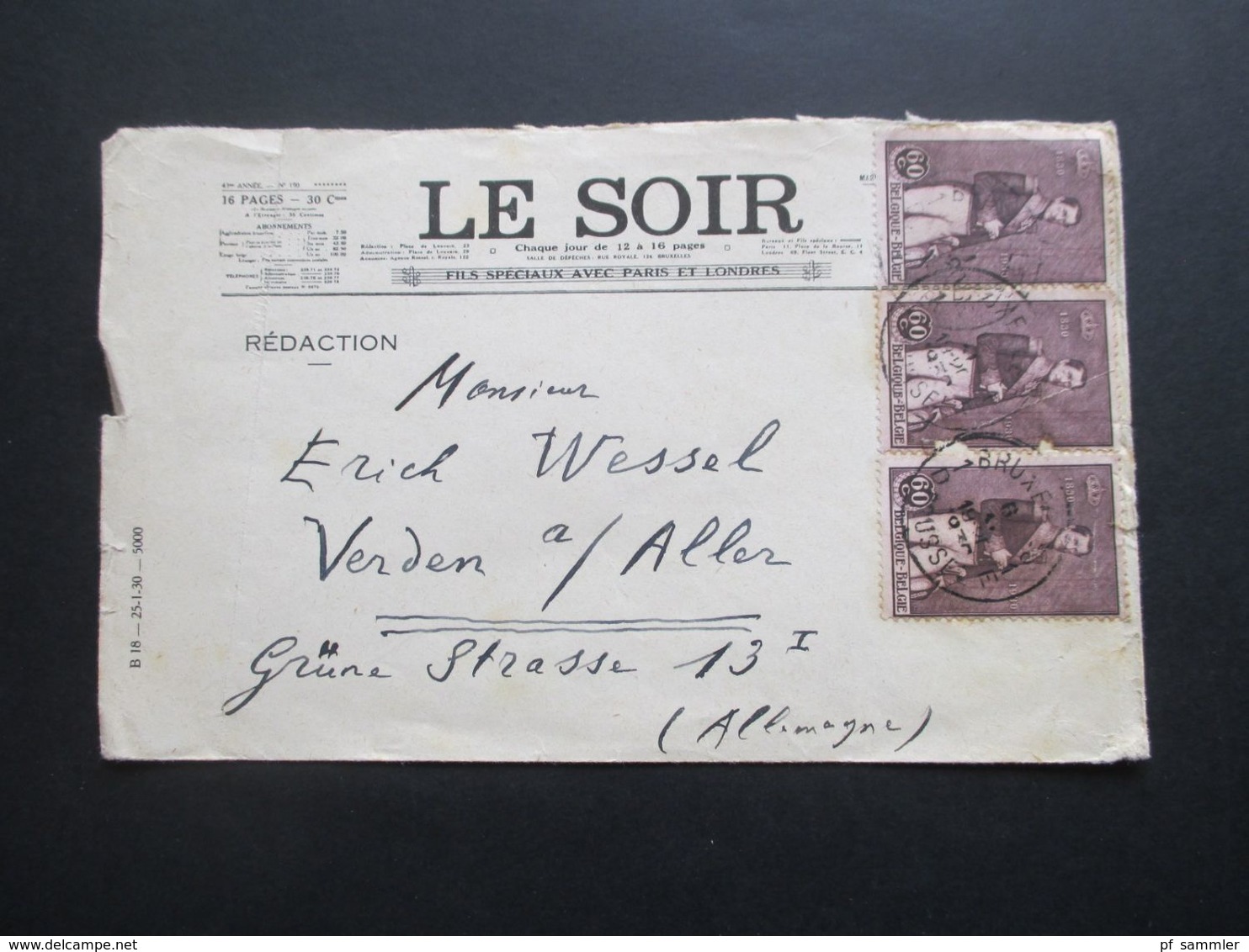 Belgien 1930 Nr. 284 (3) MeF Umschlag Le Soir Fils Speciaux Avec Paris Et Londres  Redaction Nach Verden A. Aller - Covers & Documents