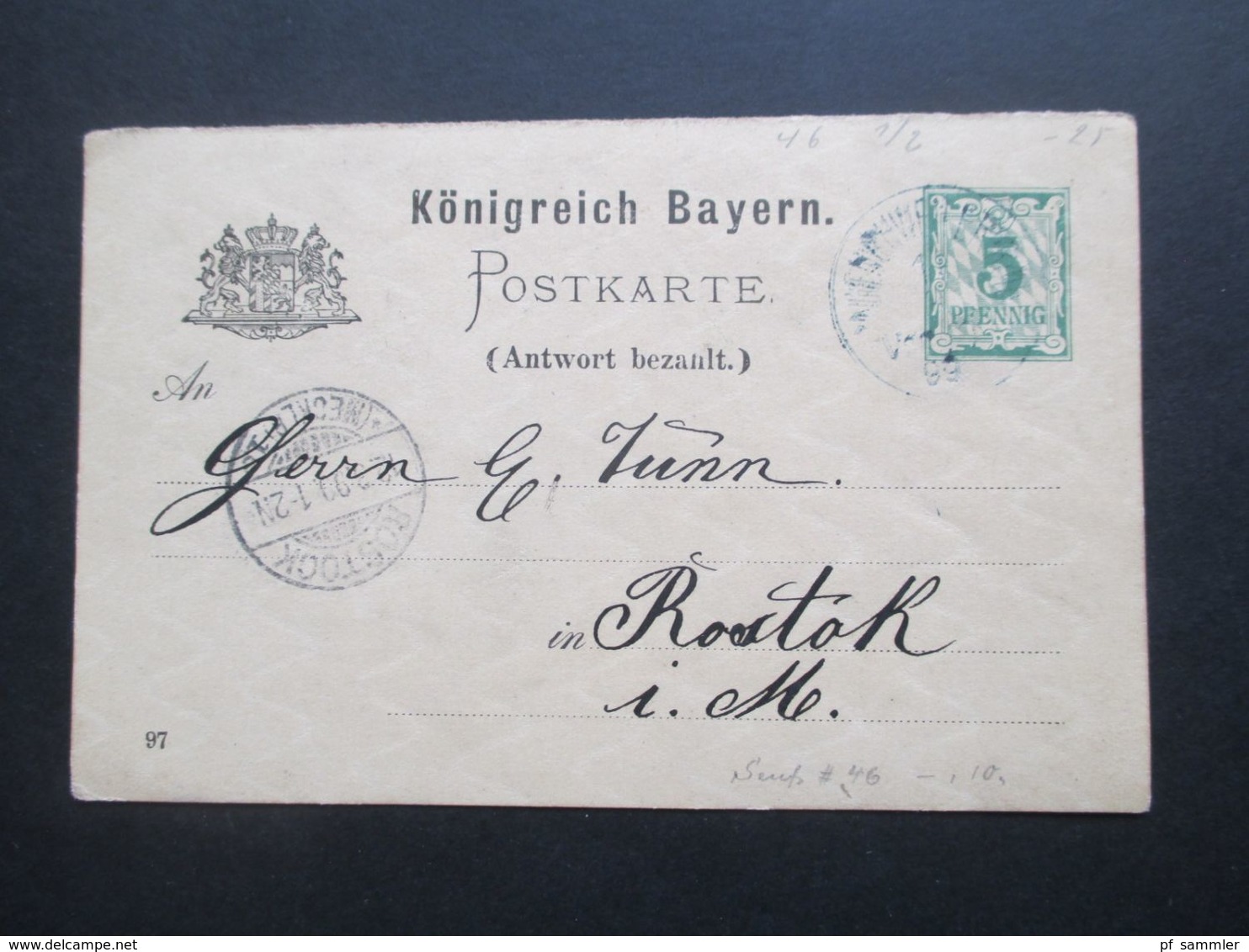 Altdeutschland Bayern 1899 Ganzsache Fragekartekarte Nach Rostock - Entiers Postaux