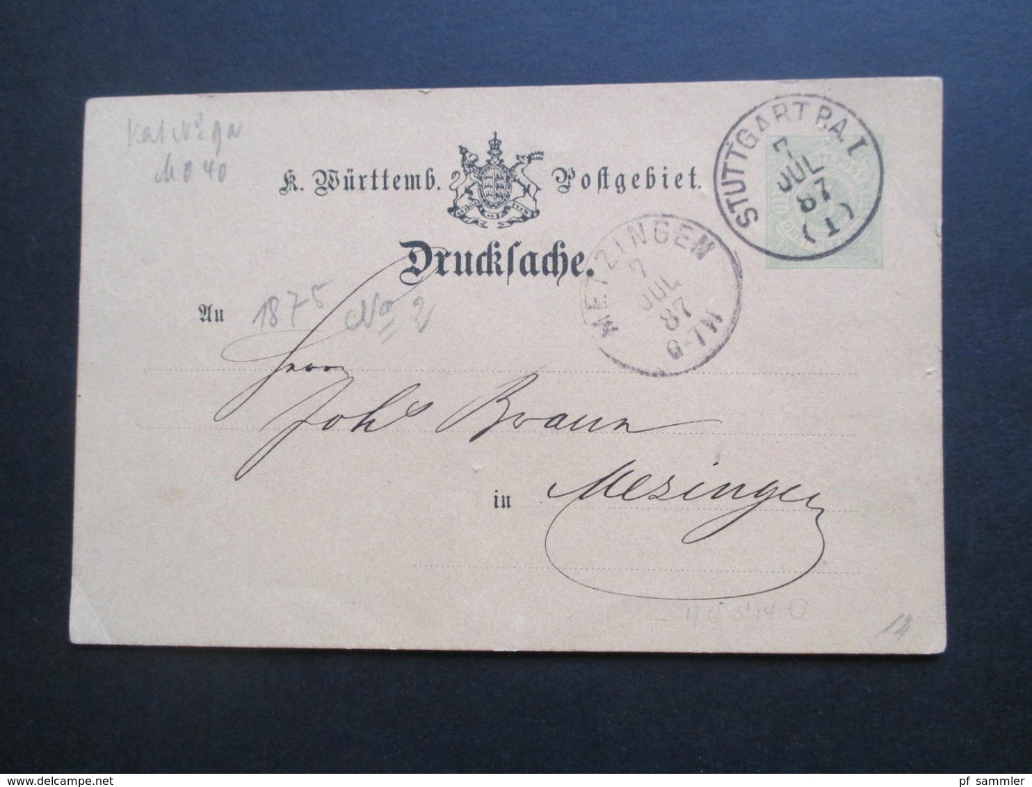 AD Württemberg 1887 Ganzsache Rückseitig Bedruckt Esslinger & Kiefe Stuttgart Prima Bankaccepte - Postal  Stationery