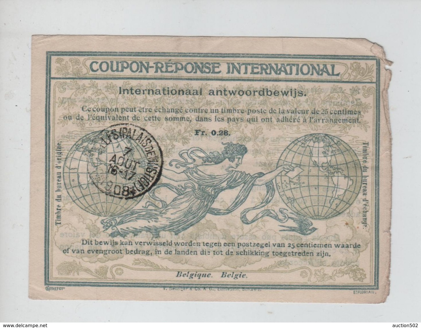 390PR/ Entier Coupon - Réponse International N°2 C. Bruxelles (Palais De Justice ) 7/AOUT/1908 Etat Moyen - Coupons-réponse Internationaux