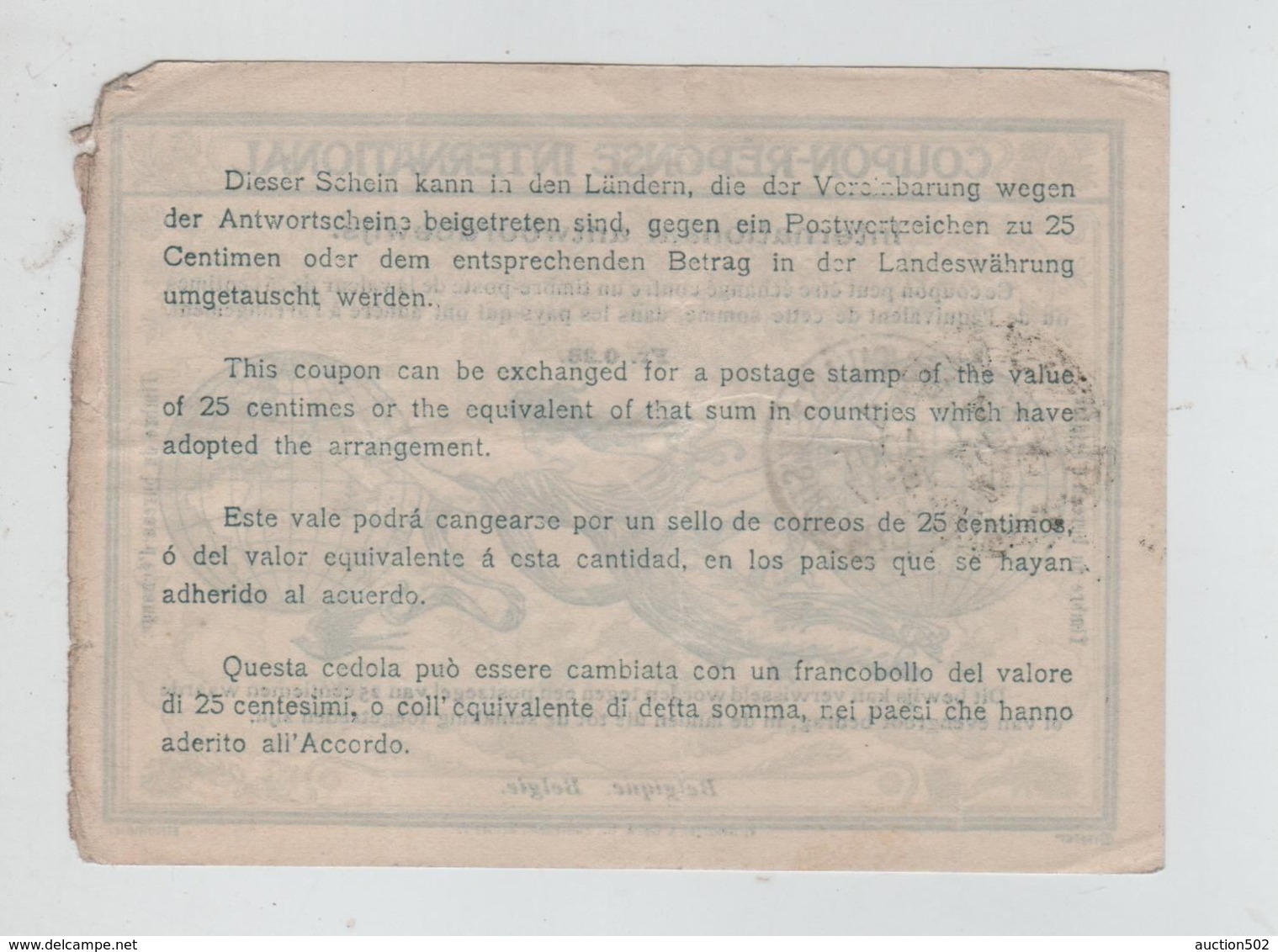 390PR/ Entier Coupon - Réponse International N°2 C. Bruxelles (Palais De Justice ) 7/AOUT/1908 Etat Moyen - Internationale Antwortscheine