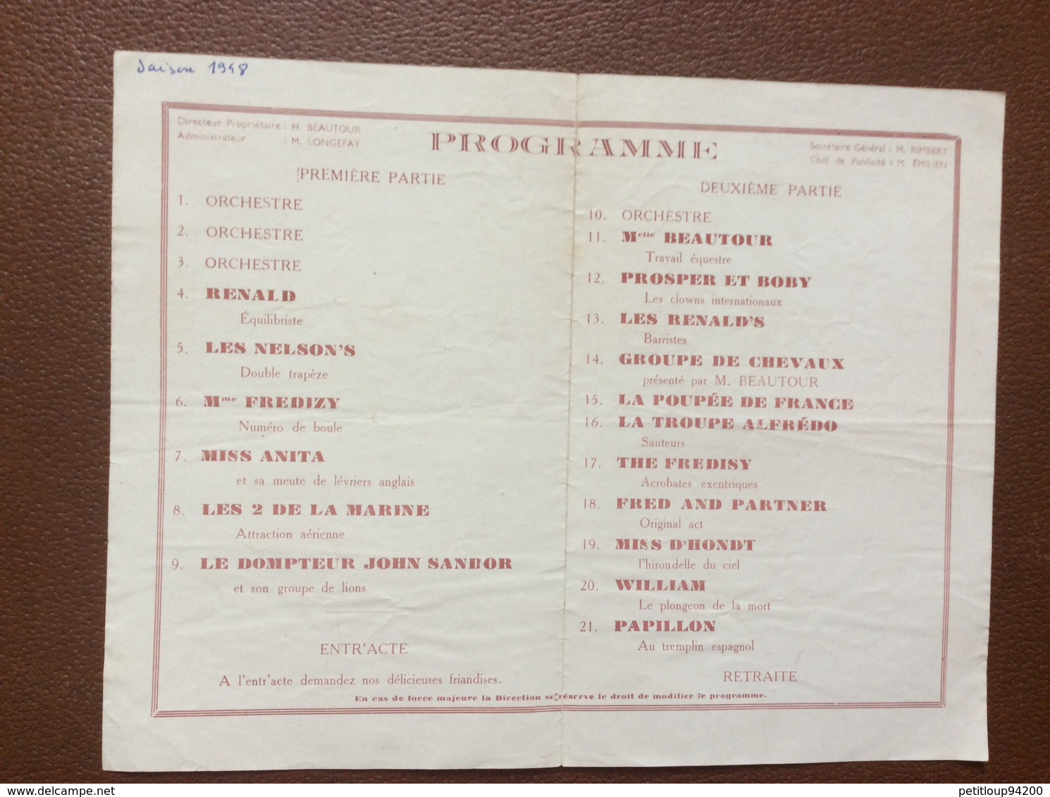 PROGRAMME CIRQUE  BRITANIC Circus  ANNEE 1948  Royaume-Uni - Programmi