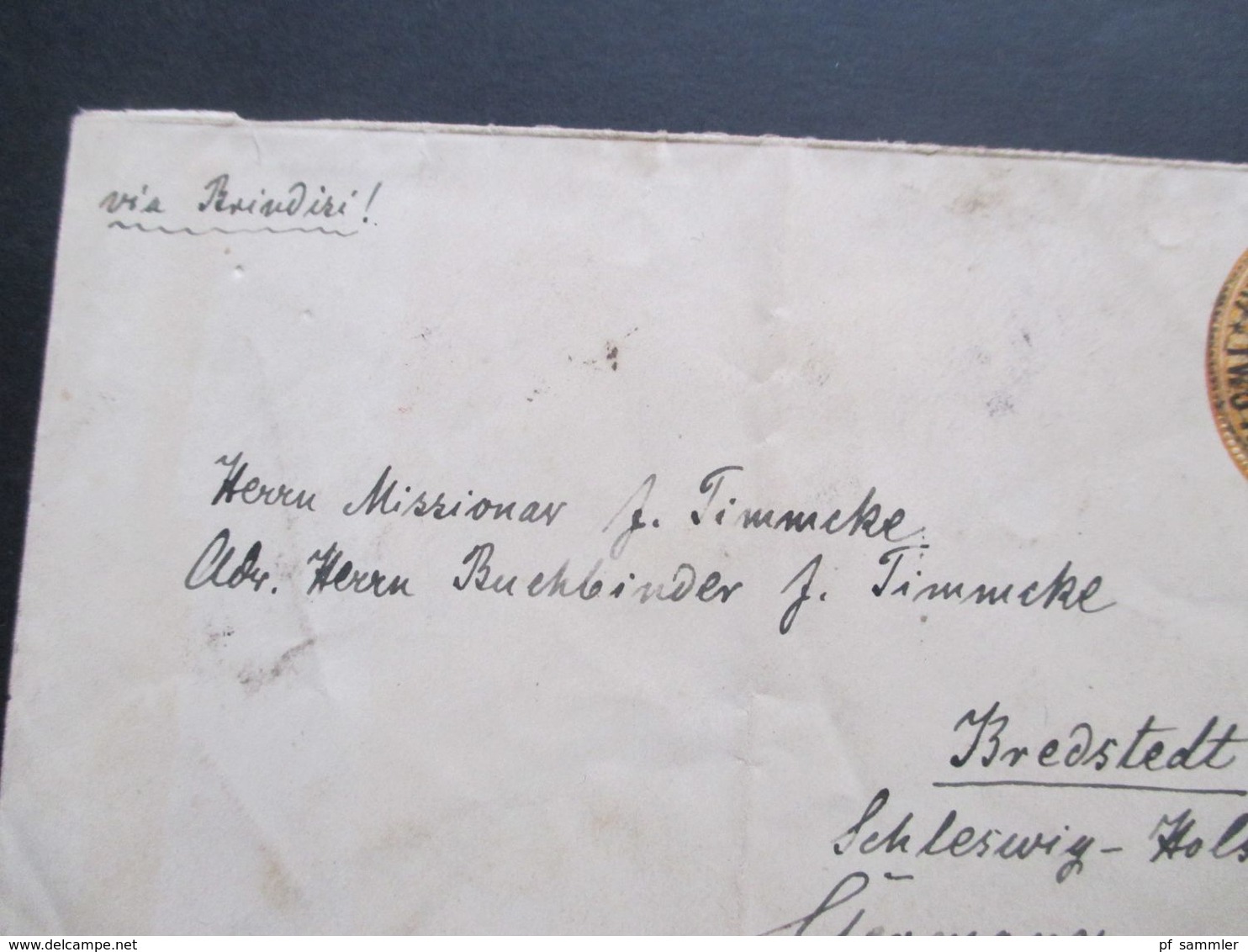 GB Kolonie Indien 1893 GA Mit Überdruck Rücks. 5 Stempel U.a. Ra1 Too Late Und Sea Post Office Nach Bredstedt - 1882-1901 Keizerrijk