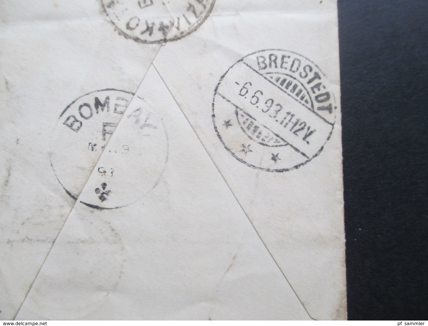 GB Kolonie Indien 1893 GA Mit Überdruck Rücks. 5 Stempel U.a. Ra1 Too Late Und Sea Post Office Nach Bredstedt - 1882-1901 Imperio