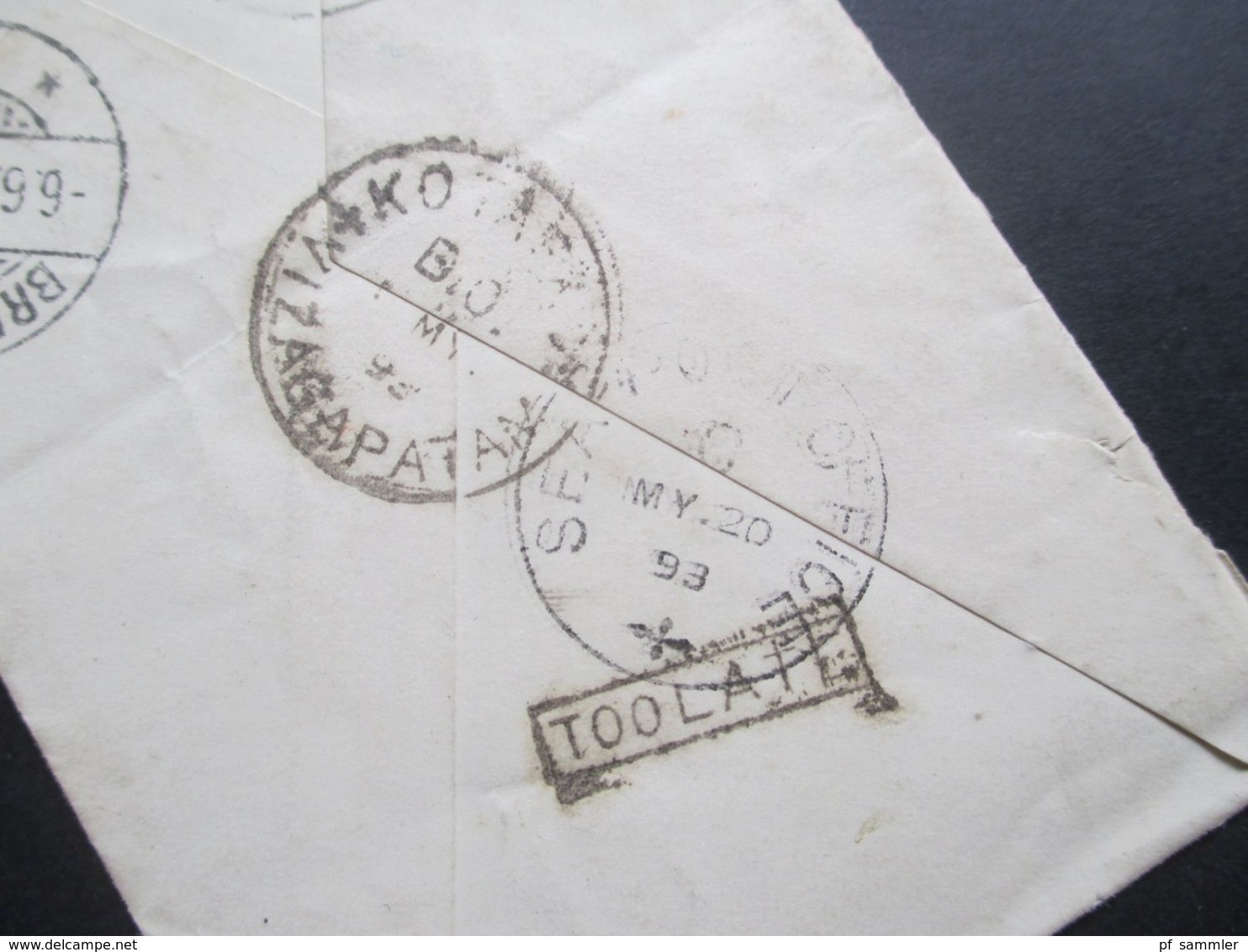 GB Kolonie Indien 1893 GA Mit Überdruck Rücks. 5 Stempel U.a. Ra1 Too Late Und Sea Post Office Nach Bredstedt - 1882-1901 Imperio