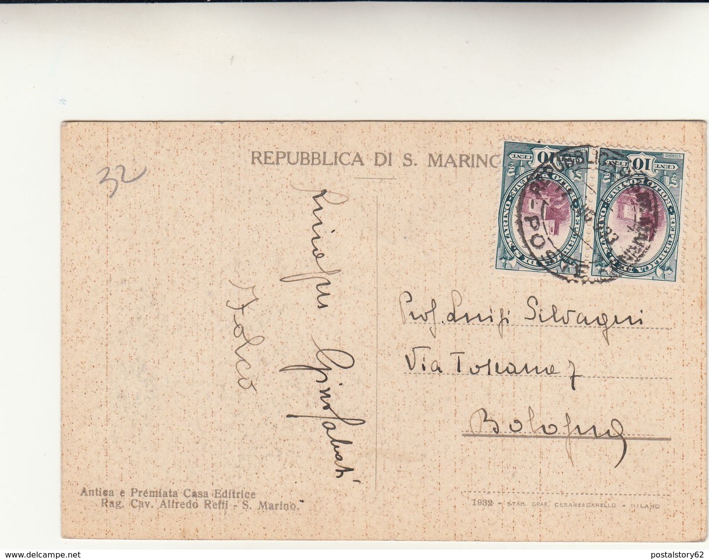 Repubblica Di San Marino Per Bologna. 10+10 Centesimi Su Cartolina Postale . 1933 - Covers & Documents