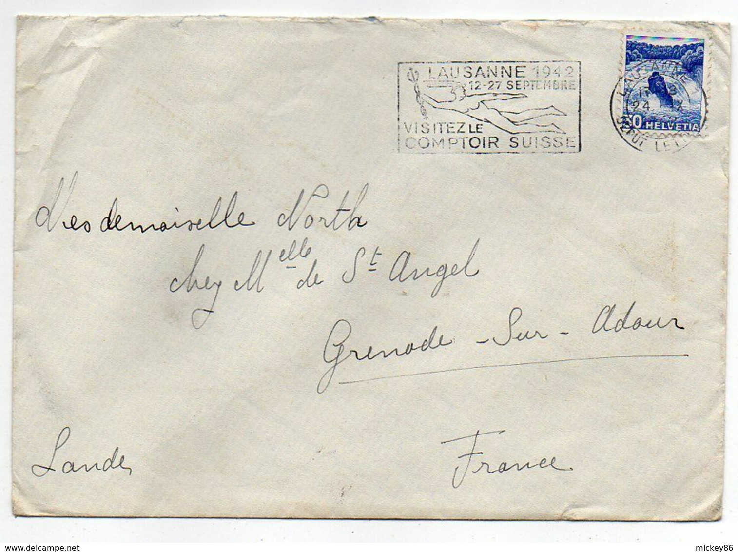 Suisse -1942--Lettre De LAUSANNE  Pour GRNADE/ADOUR-40 (France)..timbre Seul Sur Lettre...cachet.....à Saisir - Lettres & Documents