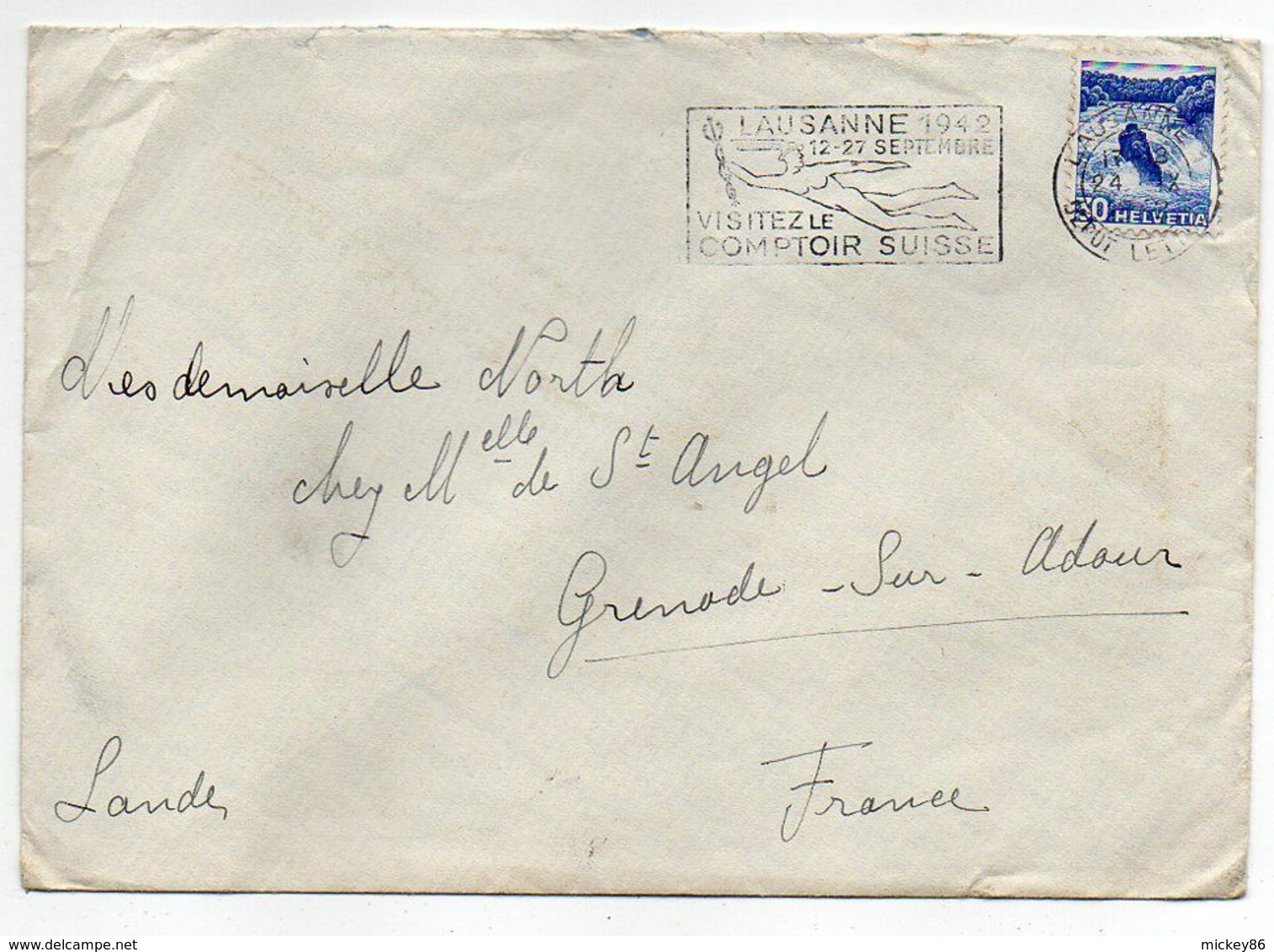 Suisse -1942--Lettre De LAUSANNE  Pour GRNADE/ADOUR-40 (France)..timbre Seul Sur Lettre...cachet.....à Saisir - Covers & Documents