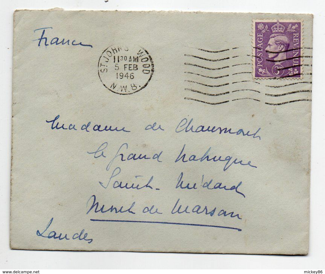 G-B --1946- Lettre De ST JOHN'S WOOD ( N.W.B) Pour MONT DE MARSAN-40 (France)...timbre Seul Sur Lettre..cachet..à Saisir - Storia Postale