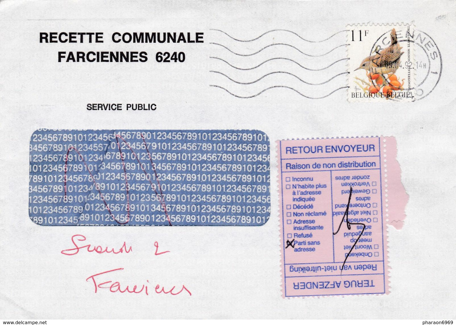 Enveloppe 836 Oiseau Buzin Recette Communale Farciennes Vignette Retour Envoyeur - Typo Precancels 1986-96 (Birds)