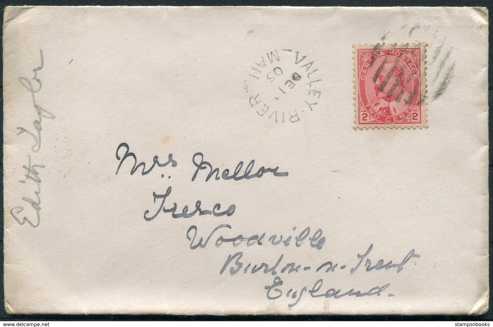 1905 Canada Valley River, Manitoba Cover - Burton Trent, England - Lettres & Documents