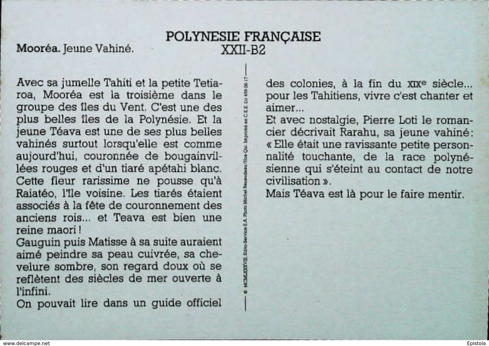 Polynésie Française   Jeune Vahiné    Années 80s - Polynésie Française