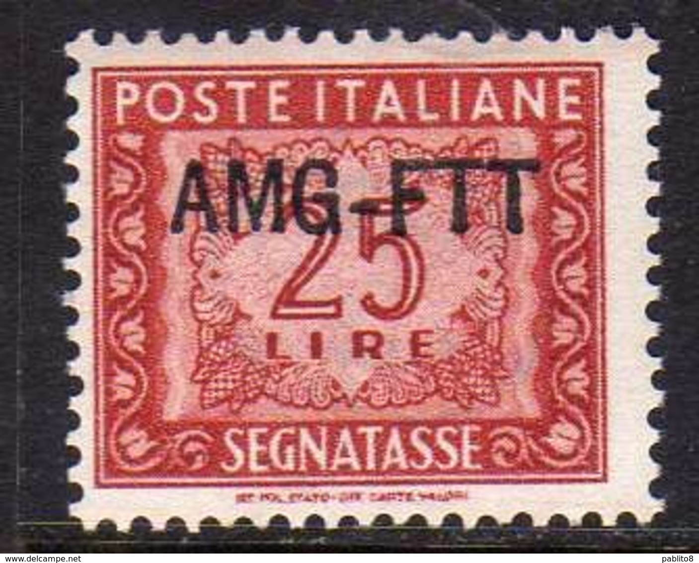 TRIESTE A 1954 AMG-FTT NUOVO TIPO DI SOPRASTAMPA OVERPRINTED SEGNATASSE POSTAGE DUE TASSE TAXE LIRE 25 MNH CENTRATO - Strafport