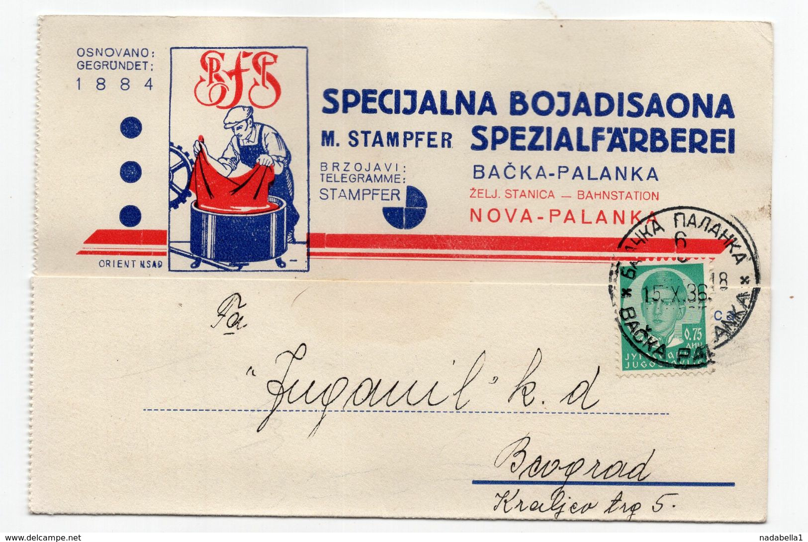 1936 KINGDOM OF YUGOSLAVIA,SERBIA,BACKA PALANKA,M.STAMPFER,SPECIAL DYEING FOR TEXTILE,CORRESPONDENCE CARD,USED - Briefe U. Dokumente