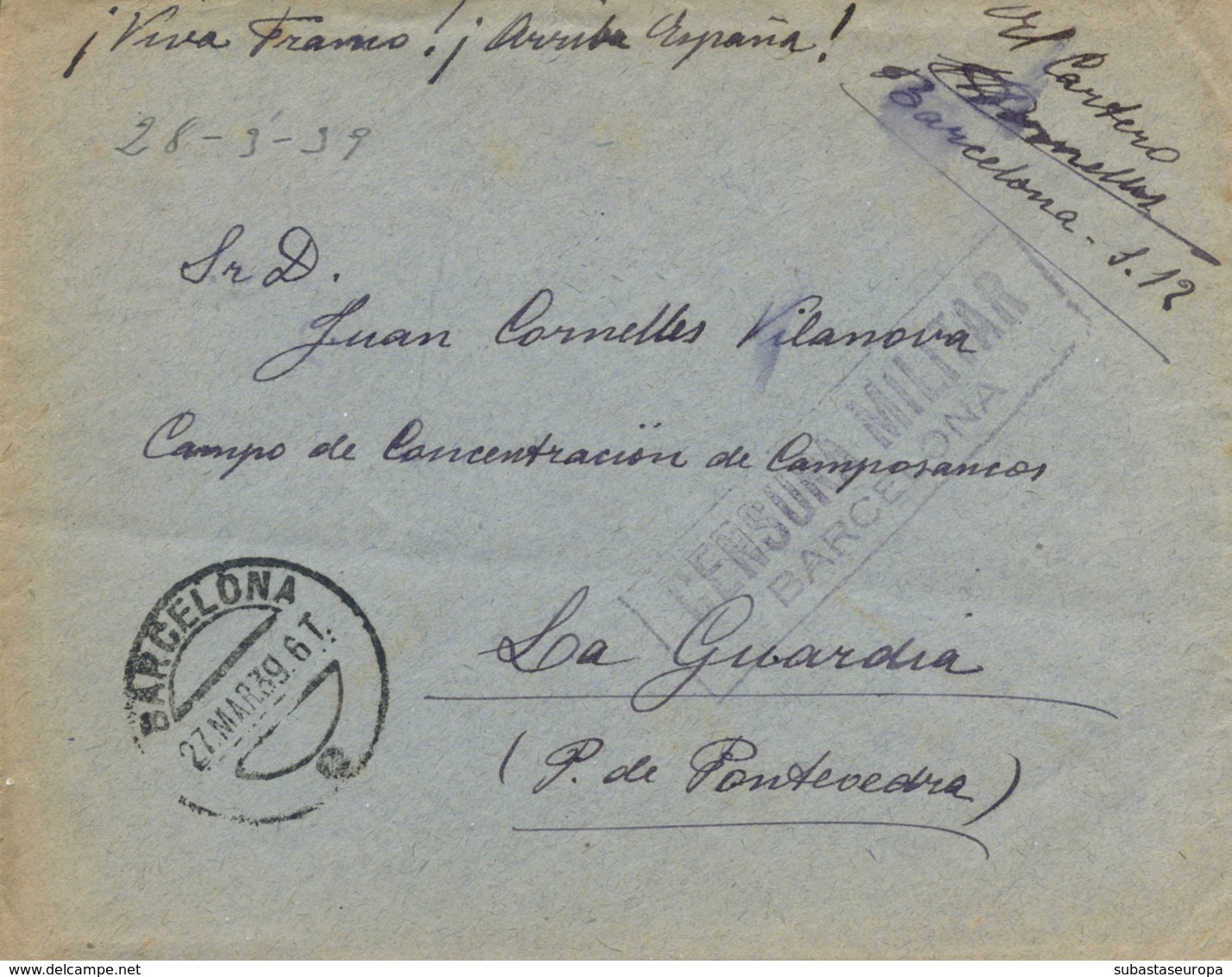 España. 1939. Carta De Barcelona Al Campo De Concentración De Camposancos - La Guardia (Pontevedra). Rara. - Brieven En Documenten
