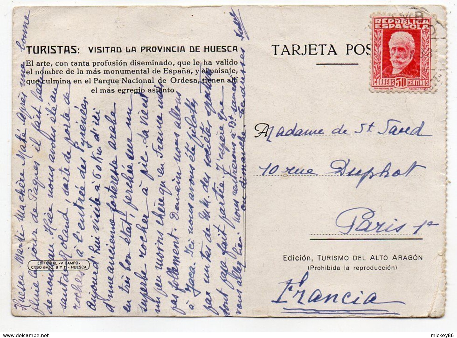 Espagne-- Huesca--SIRESA --1933---San Pedro, Monument Pré-romantique .....timbre...cachet...pas Très Courante - Huesca