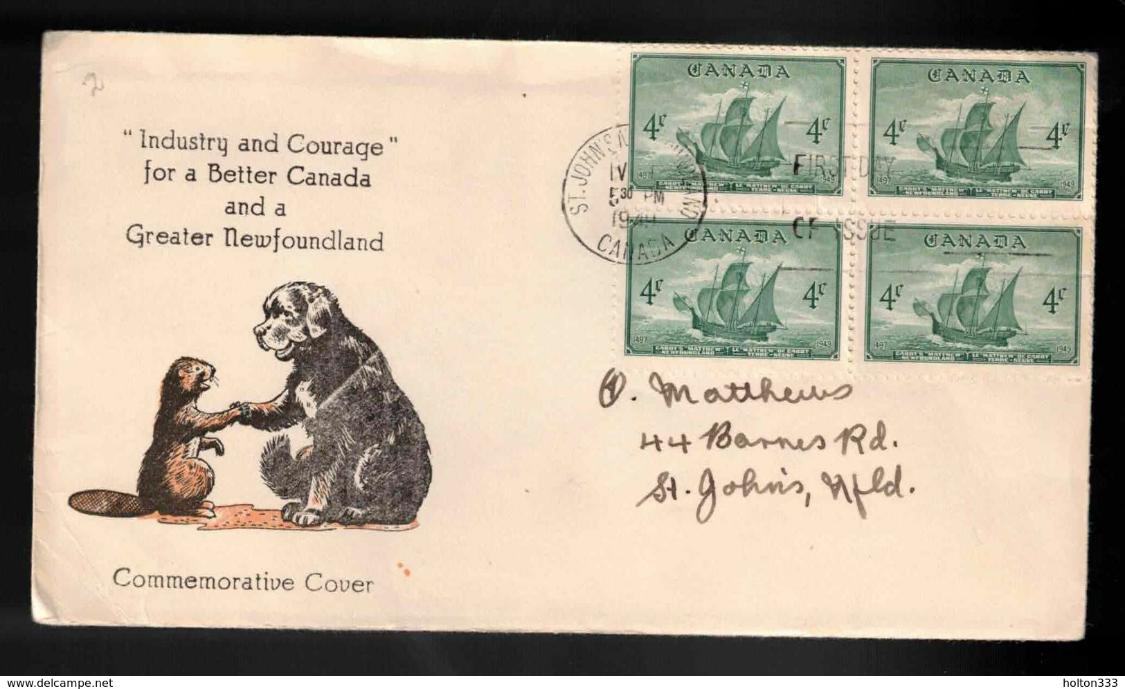 CANADA FDC Scott # 282 - Newfoundland Confederation - NL Dog & Beaver 2 Colour Cachet - ....-1951