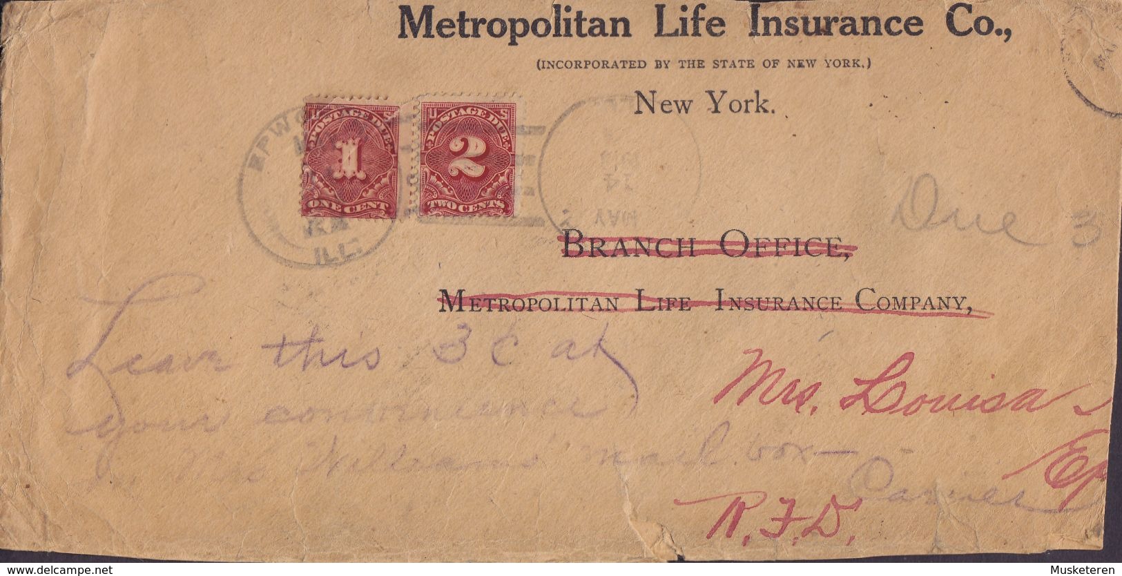 METROPOLITAN LIFE INSURRANCE Co., NEW YORK Cover Brief Postage Due TAXE 1c. + 2c. Stamps (4 Scans) - Taxe Sur Le Port