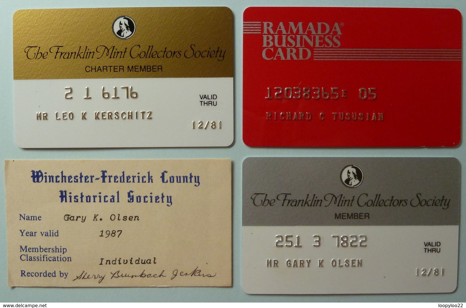 USA - Group Of 4 - Society & Membership Cards - Franklin Mint, Ramada, Winchester Frederick Historical - Used - Rare - Altri & Non Classificati