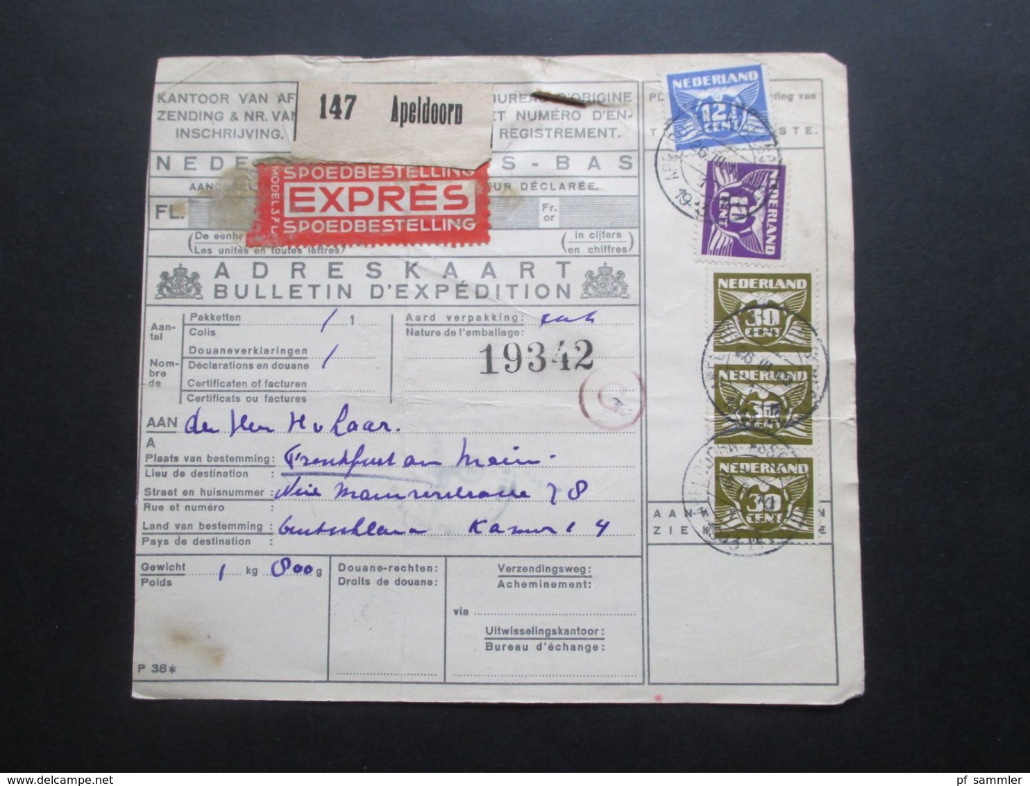 Niederlande 1943 Paketkarte Mit Zensur Der Wehrmacht / Zensurbeleg Apeldoorn - Frankfurt. Spoedbestelling Expres - Lettres & Documents