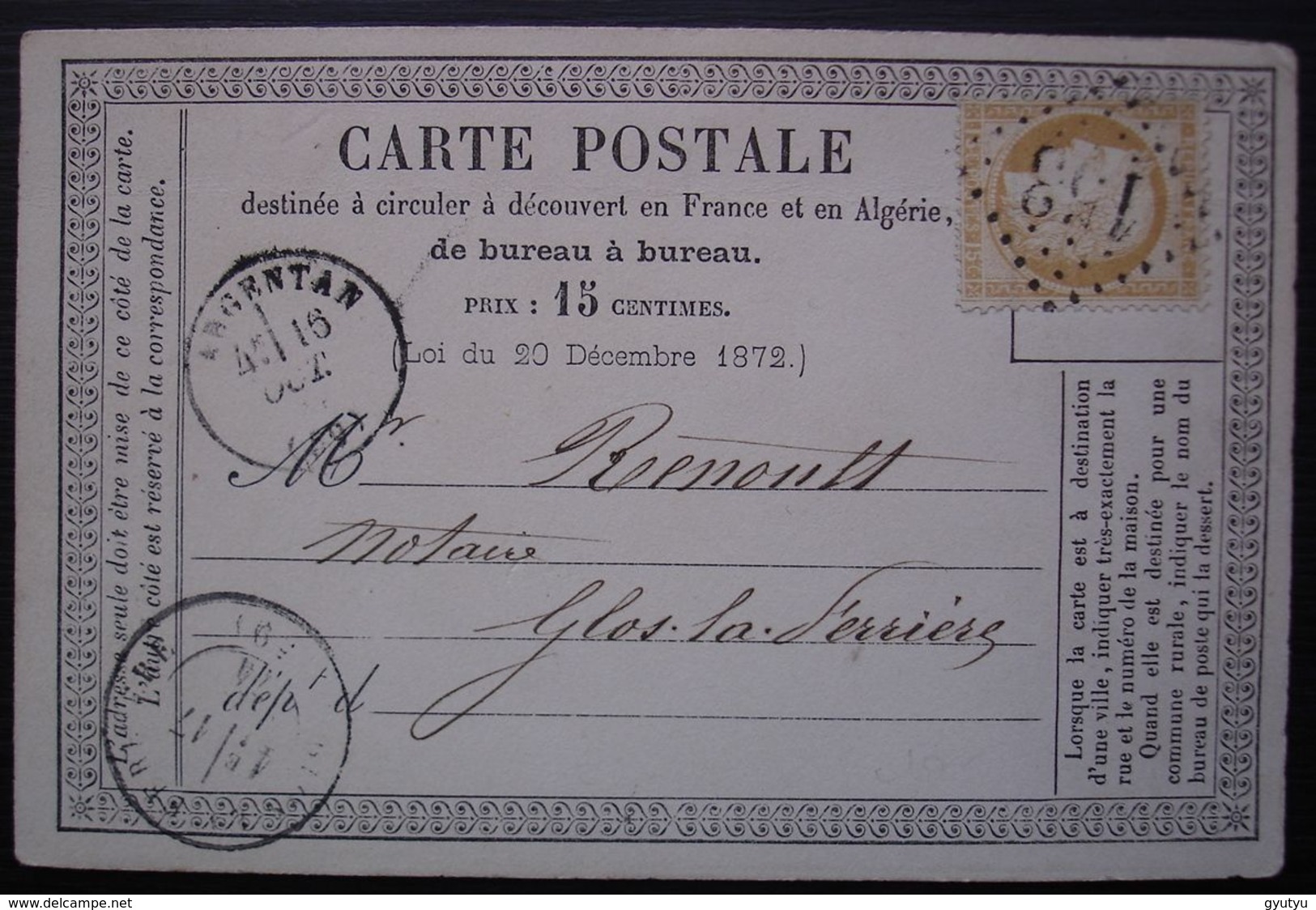 Argentan 1874 Me Chesnel Avoué Gc 153 (Orne) Sur  Carte Précurseur Pour Glos-la-Ferrière. - 1849-1876: Periodo Clásico