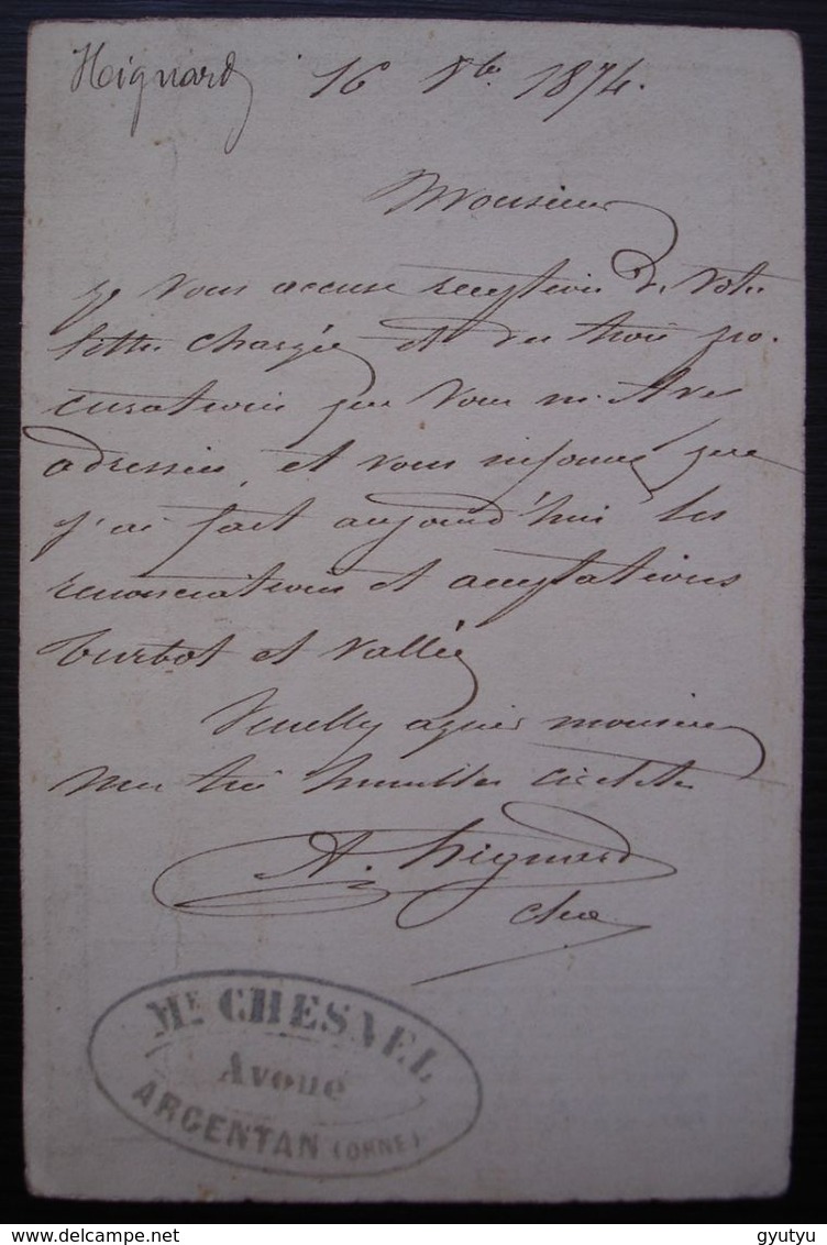 Argentan 1874 Me Chesnel Avoué Gc 153 (Orne) Sur  Carte Précurseur Pour Glos-la-Ferrière. - 1849-1876: Periodo Clásico