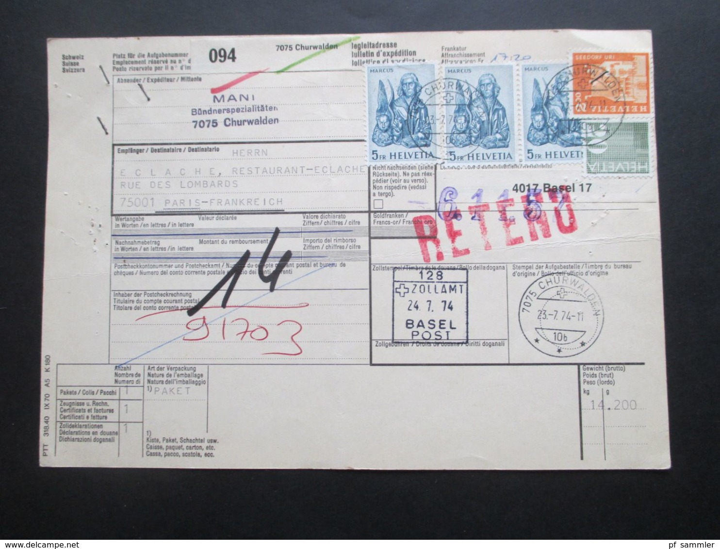 Schweiz 1974 Paketkarte Churwalden - Paris Roter Stempel Reteno - Lettres & Documents