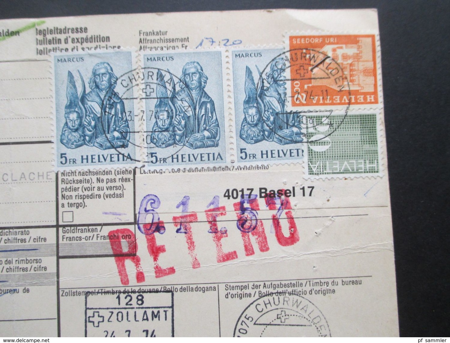 Schweiz 1974 Paketkarte Churwalden - Paris Roter Stempel Reteno - Cartas & Documentos
