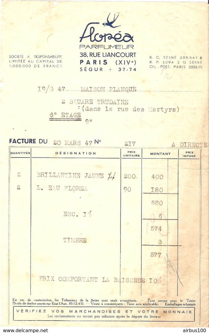 FACTURE 1947 FLORÉA PARFUMEUR 38 Rue LIANCOURT PARIS - BRILLANTINE JAUNE EAU FLORÉA - PARFUM PARFUMERIE - Droguerie & Parfumerie