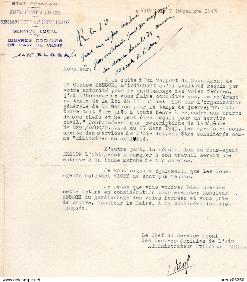 Document -    Etat Français - " Secrétariat D'Etat à La Défense- VICHY "- - Documentos