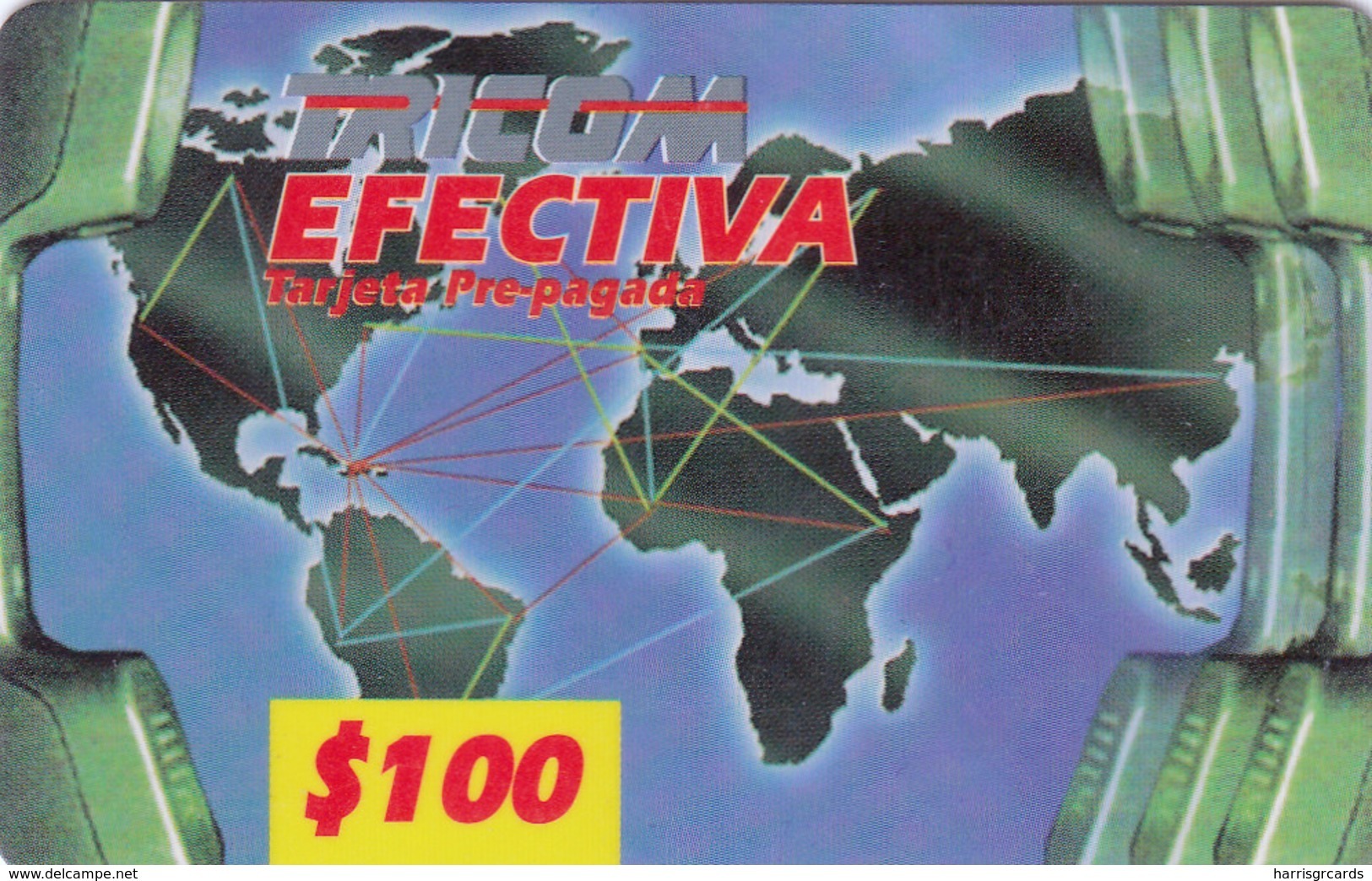 DOMINICAN REPUBLIC - Worldmap Red Band (1 Barcode), Tricom Prepaid Card 100$, Used - Dominicaine
