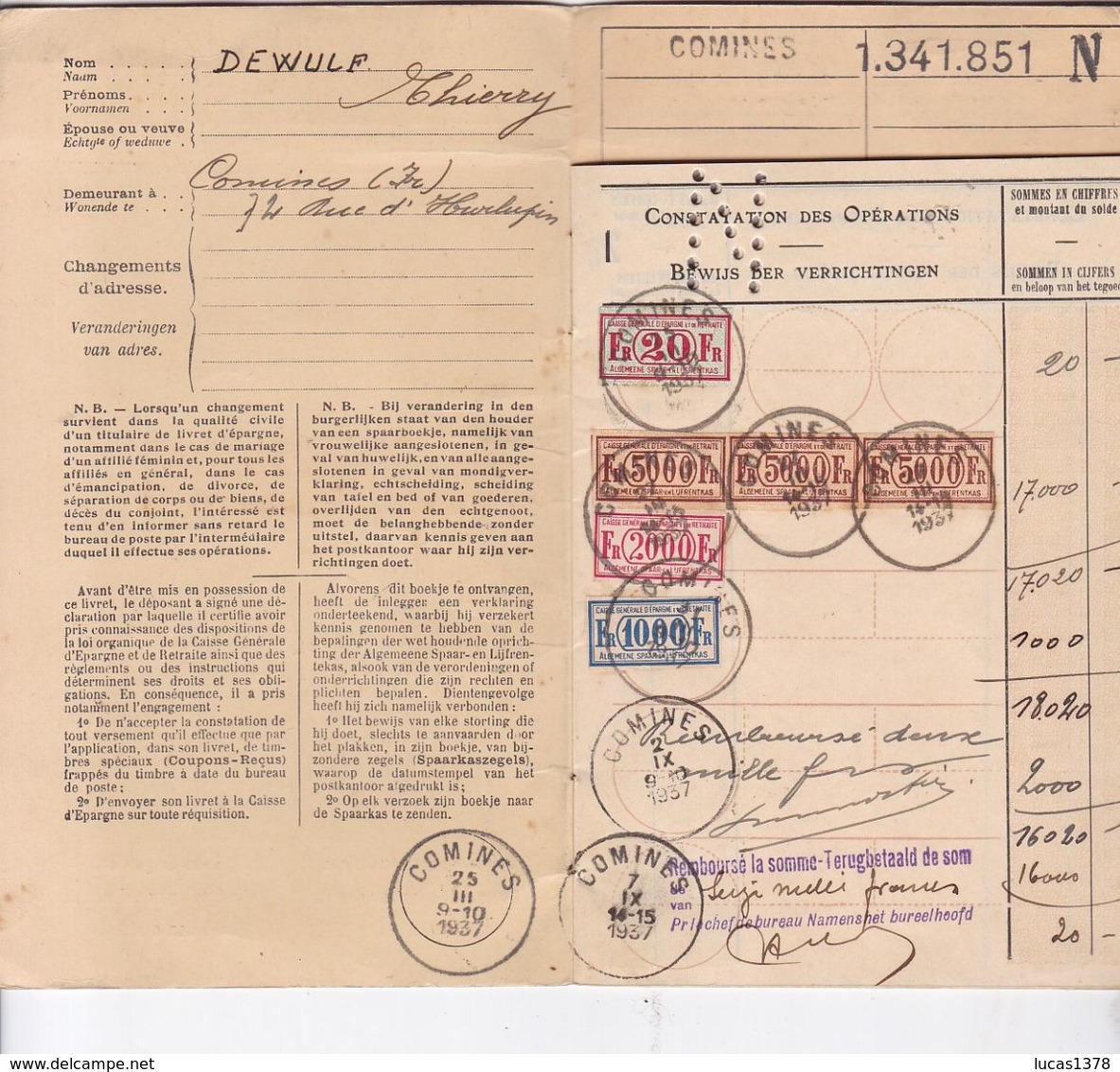 Belgique-België Livret D'Epargne/Spaarboekje Enregistré à COMINES  - 1937 - Banco & Caja De Ahorros