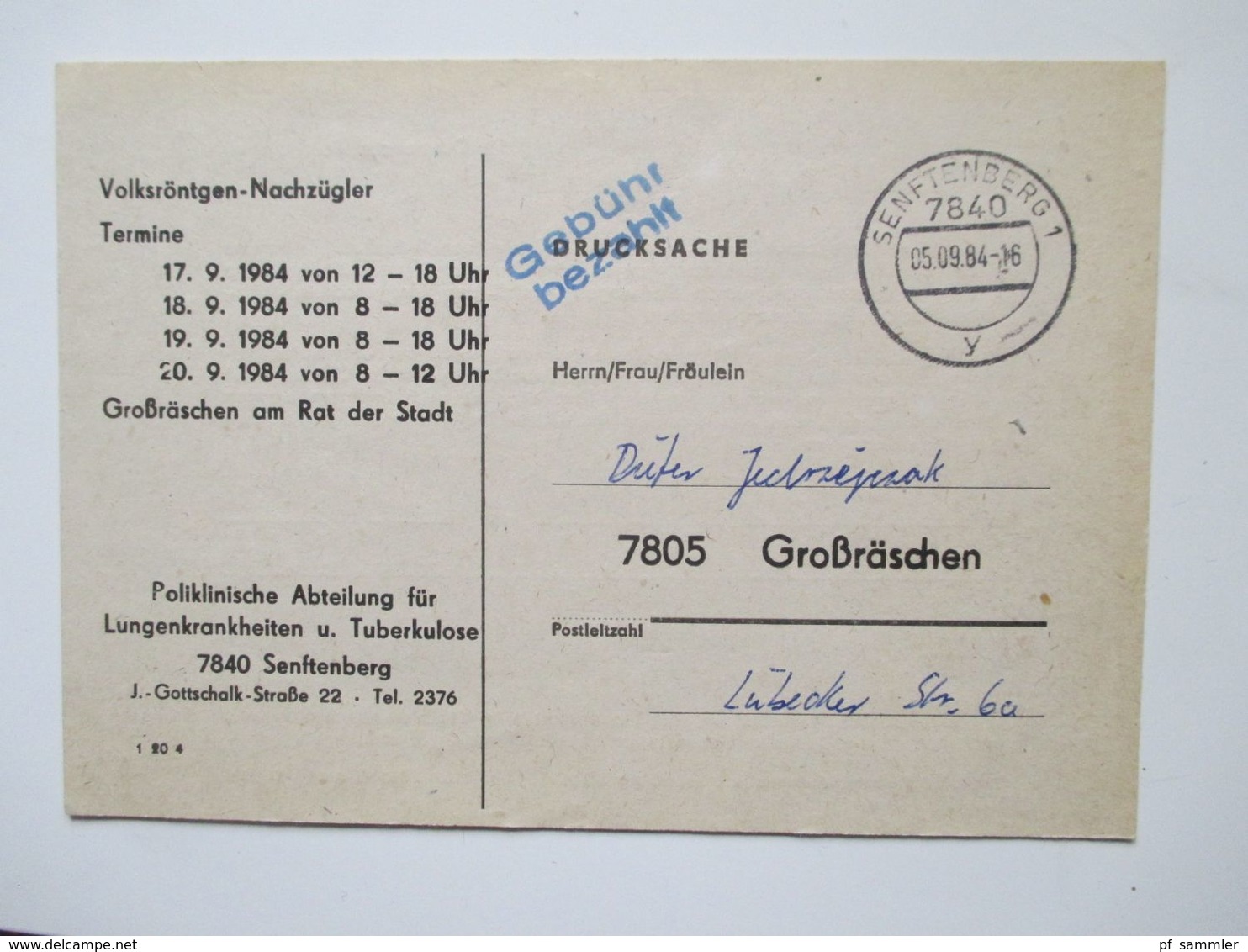 DDR 1970er / 80er Jahre Insgesamt 9 Portofreie Belege / PK Postsache, Wirtschaftsdrucksache, Gebühr Bezahlt - Covers & Documents