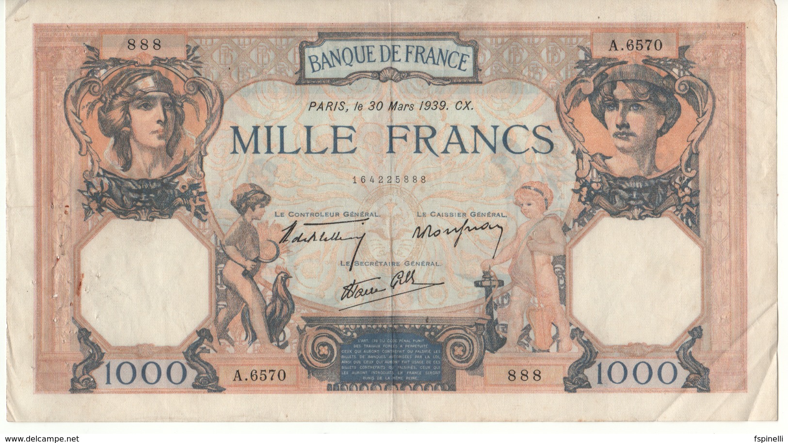FRANCE   1'000  Francs   P90  "Cérès Et Mercure"   Dated  30 Mars 1939 - 1 000 F 1927-1940 ''Cérès Et Mercure''