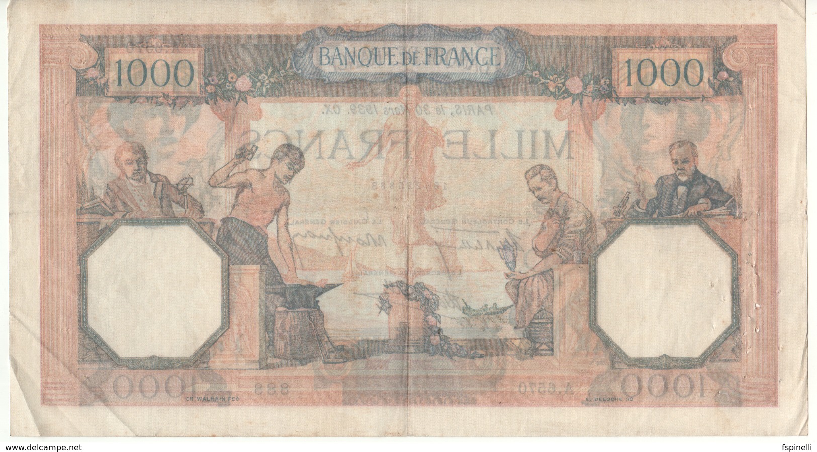 FRANCE   1'000  Francs   P90  "Cérès Et Mercure"   Dated  30 Mars 1939 - 1 000 F 1927-1940 ''Cérès Et Mercure''