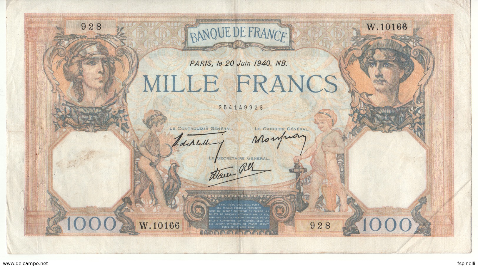 FRANCE   1'000  Francs   P90  "Cérès Et Mercure"   Dated  20 Juin 1940 - 1 000 F 1927-1940 ''Cérès Et Mercure''