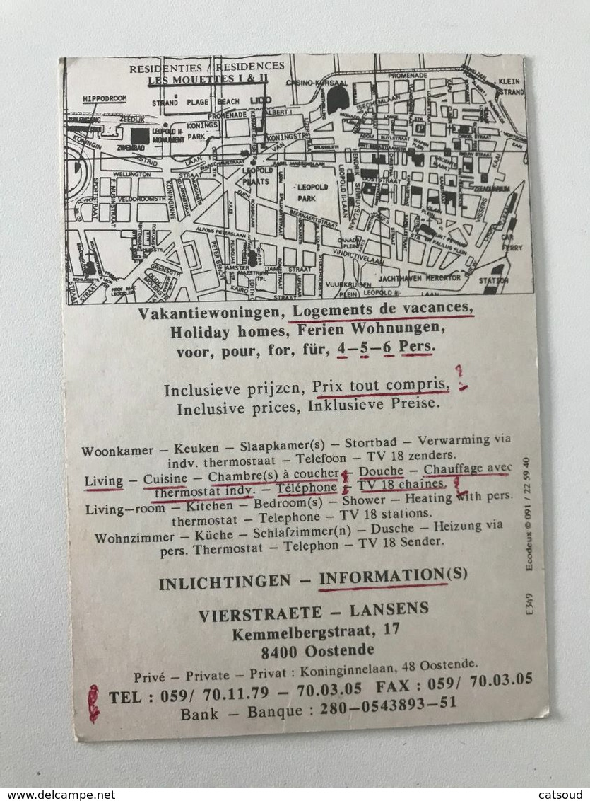 Carte Postale Ancienne  OSTENDE RESIDENTIES- Résidences LES MOUETTES I & II Vakantiewoningen, Logements De Vacances - Oostende