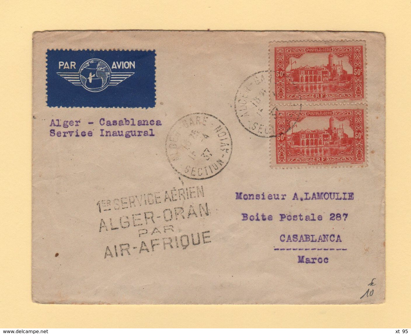 Algerie - 1er Service Aerien Alger Oran Par Air Afrique - 15-4-1937 - Destination Maroc - Poste Aérienne
