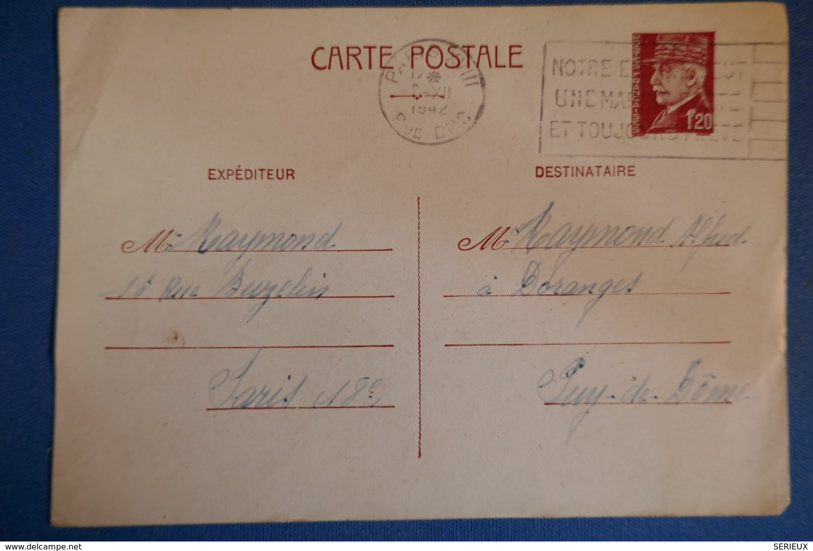 D58 FRANCE CARTE 1942 PARIS POUR PUY DE DOME 1F20 + TEMOIGNAGE - Briefe U. Dokumente