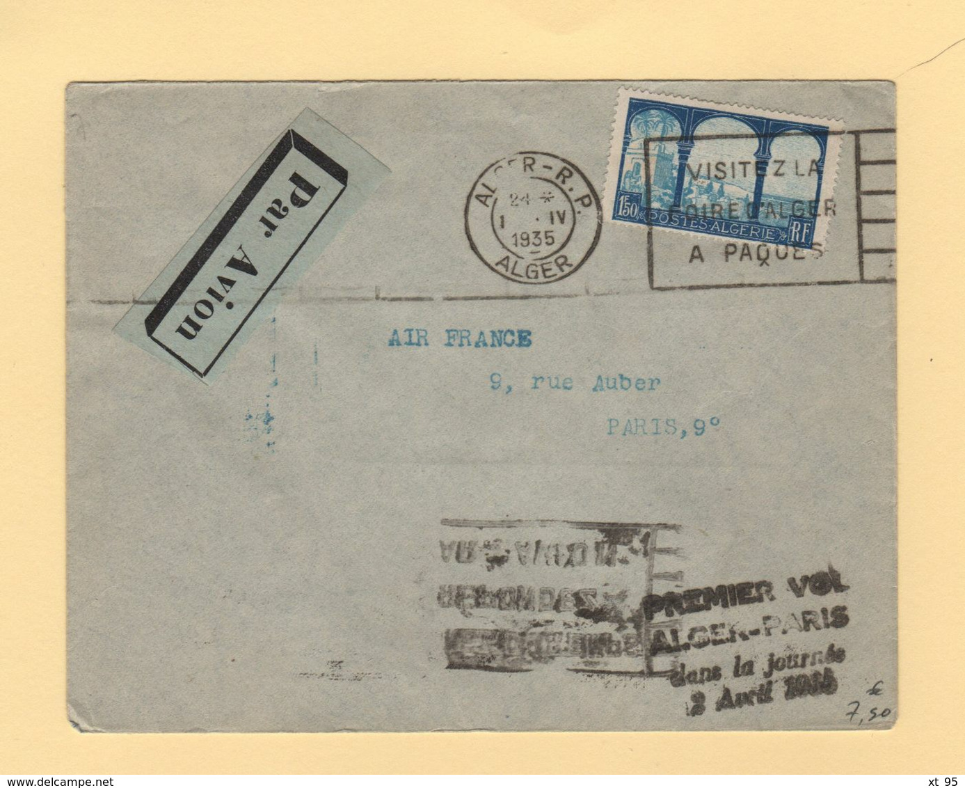 Algerie - Premier Vol Alger Paris Dans La Journee - 2 Avril 1935 - Airmail