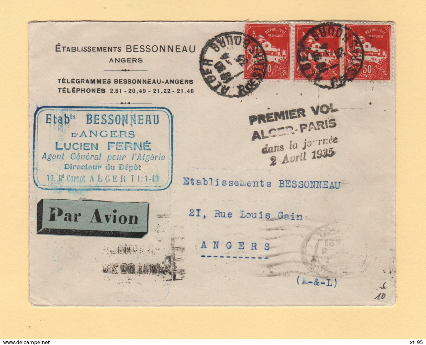 Algerie - Premier Vol Alger Paris Dans La Journee - 2 Avril 1935 - Airmail