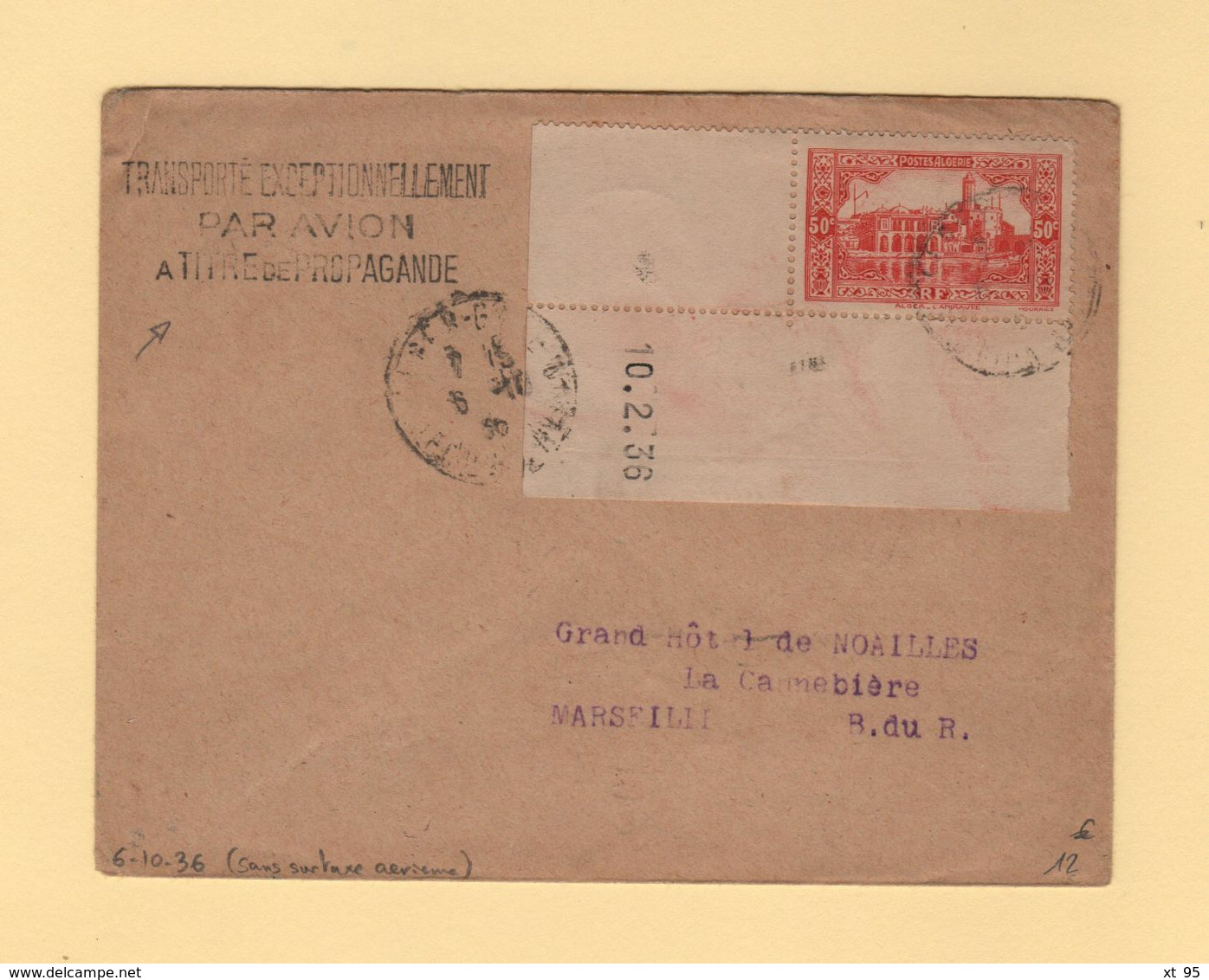 Algerie - Transporte Exceptionnellement Par Avion A Titre De Propagande - 6-10-1936 - Sans Surtaxe Aerienne - Poste Aérienne