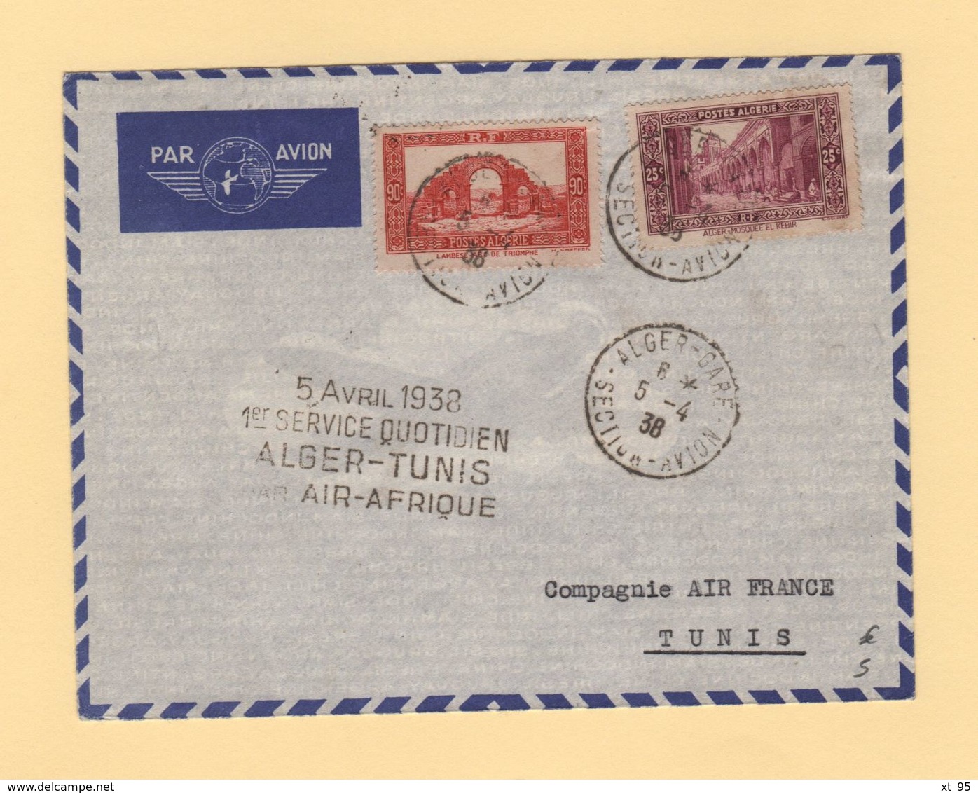 Algerie - 1er Service Quotidien Alger Tunis Par Air Afrique - 5-4-1938 - Airmail