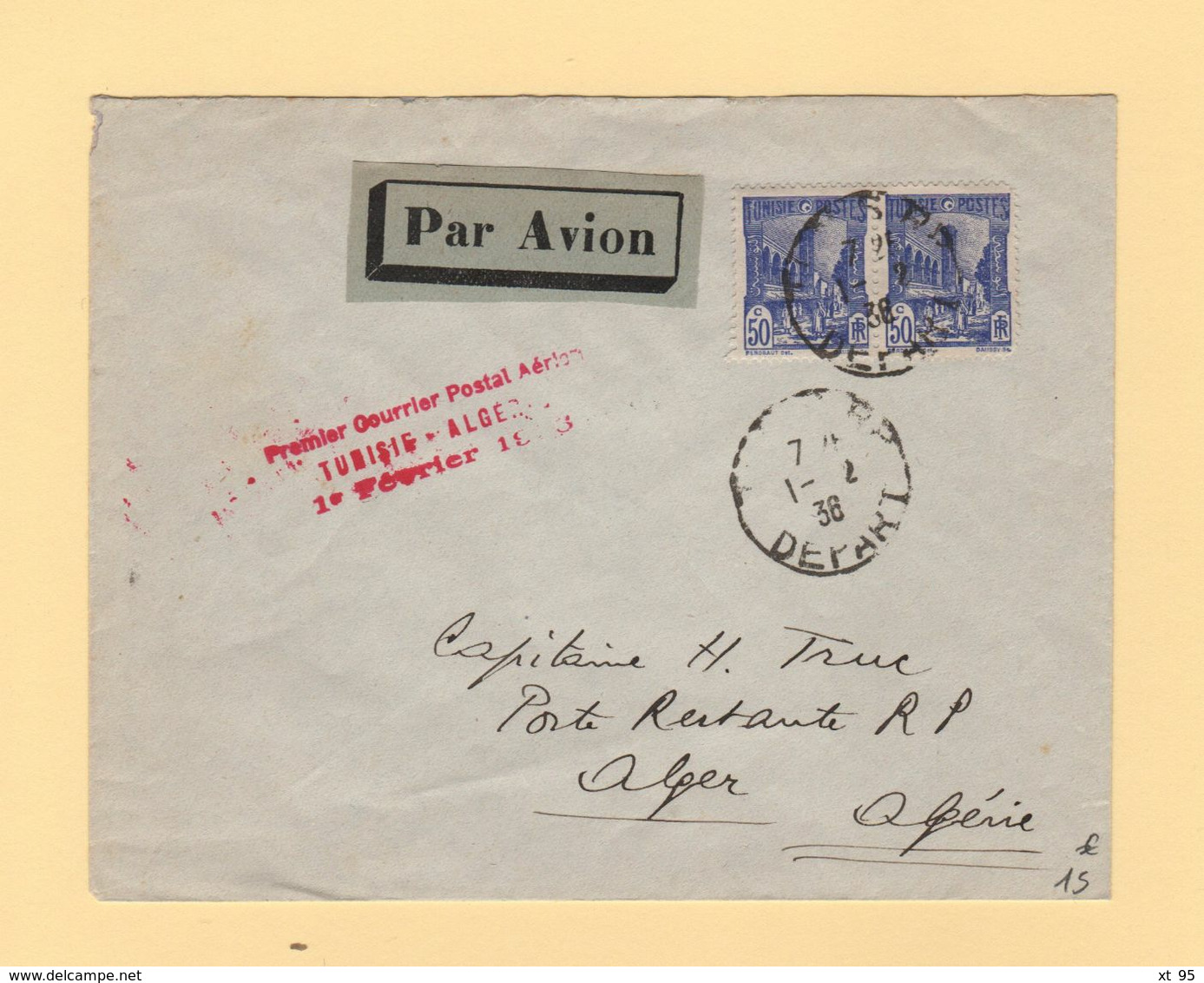 Tunisie - Premier Courrier Postal Aerien Tunisie Algerie - 1er Fevrier 1936 - Luftpost