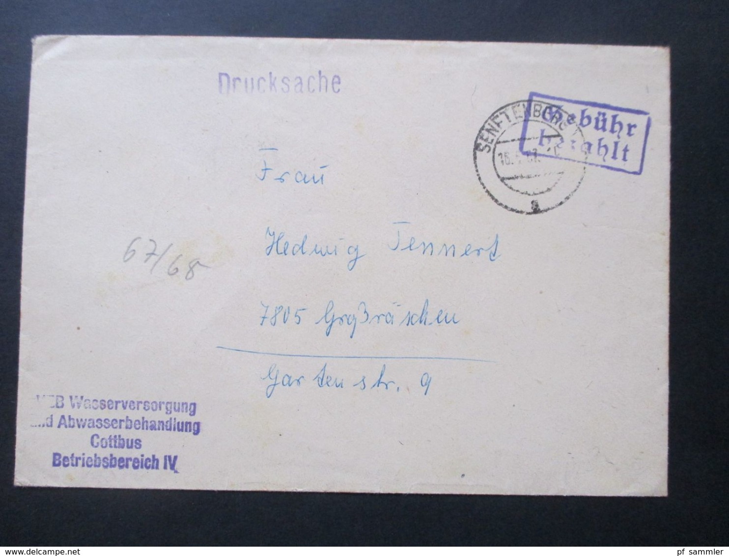 DDR Stempel Gebühr Bezahlt Senftenberg 1967 Drucksache VEB Wasserversorgung Und Abwasserbehandlung Cottbus / Senftenberg - Brieven En Documenten