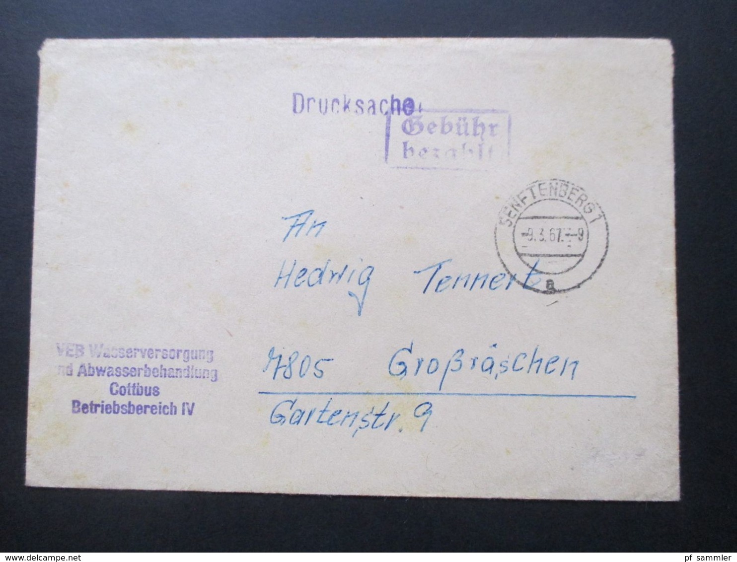 DDR Stempel Gebühr Bezahlt Senftenberg 1967 Drucksache VEB Wasserversorgung Und Abwasserbehandlung Cottbus / Senftenberg - Brieven En Documenten