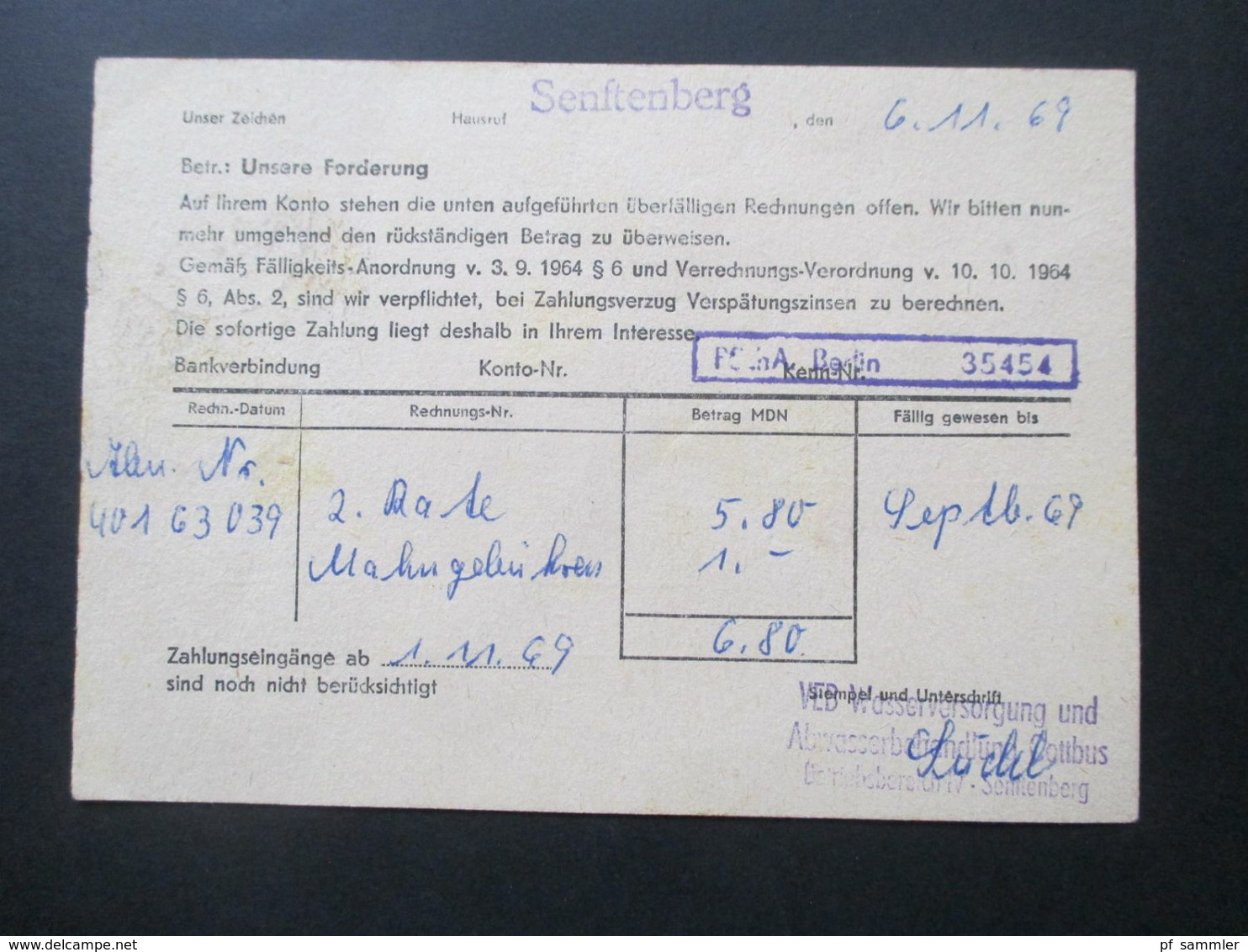 DDR Stempel Gebühr Bezahlt Senftenberg 1969 VEB Wasserversorgung Und Abwasserbehandlung Senftenberg - Briefe U. Dokumente