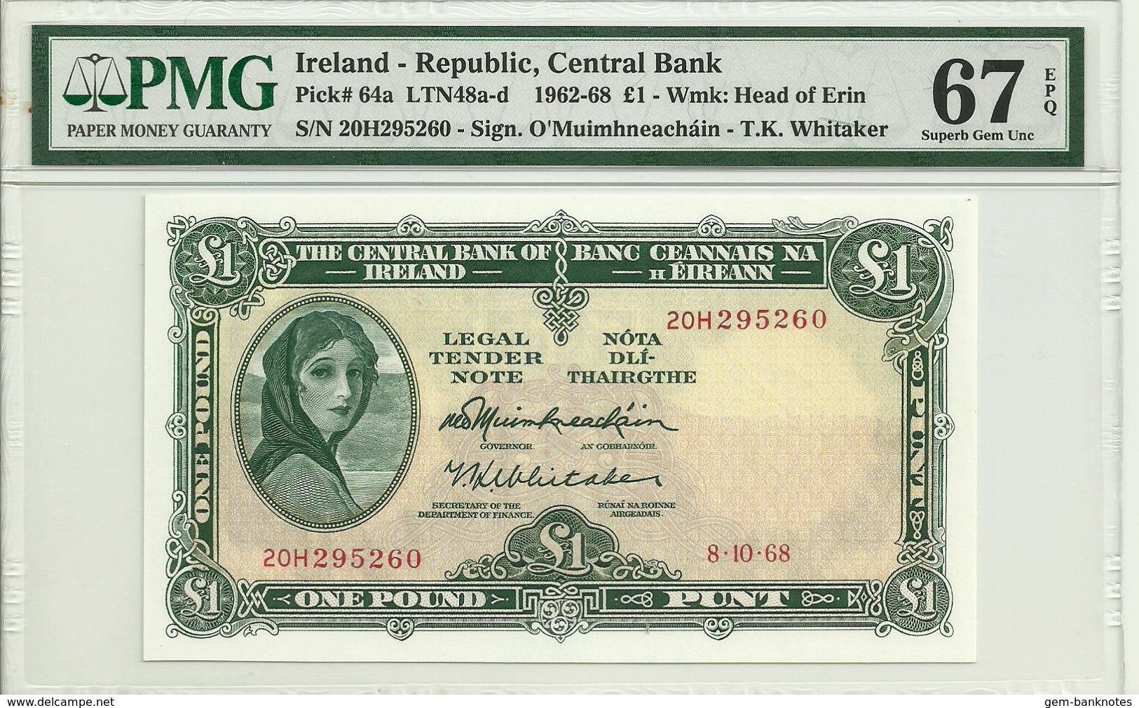 Ireland 1 Pound 1968 P64a Graded 67 EPQ SuperGem Uncirculated By PMG - Ierland