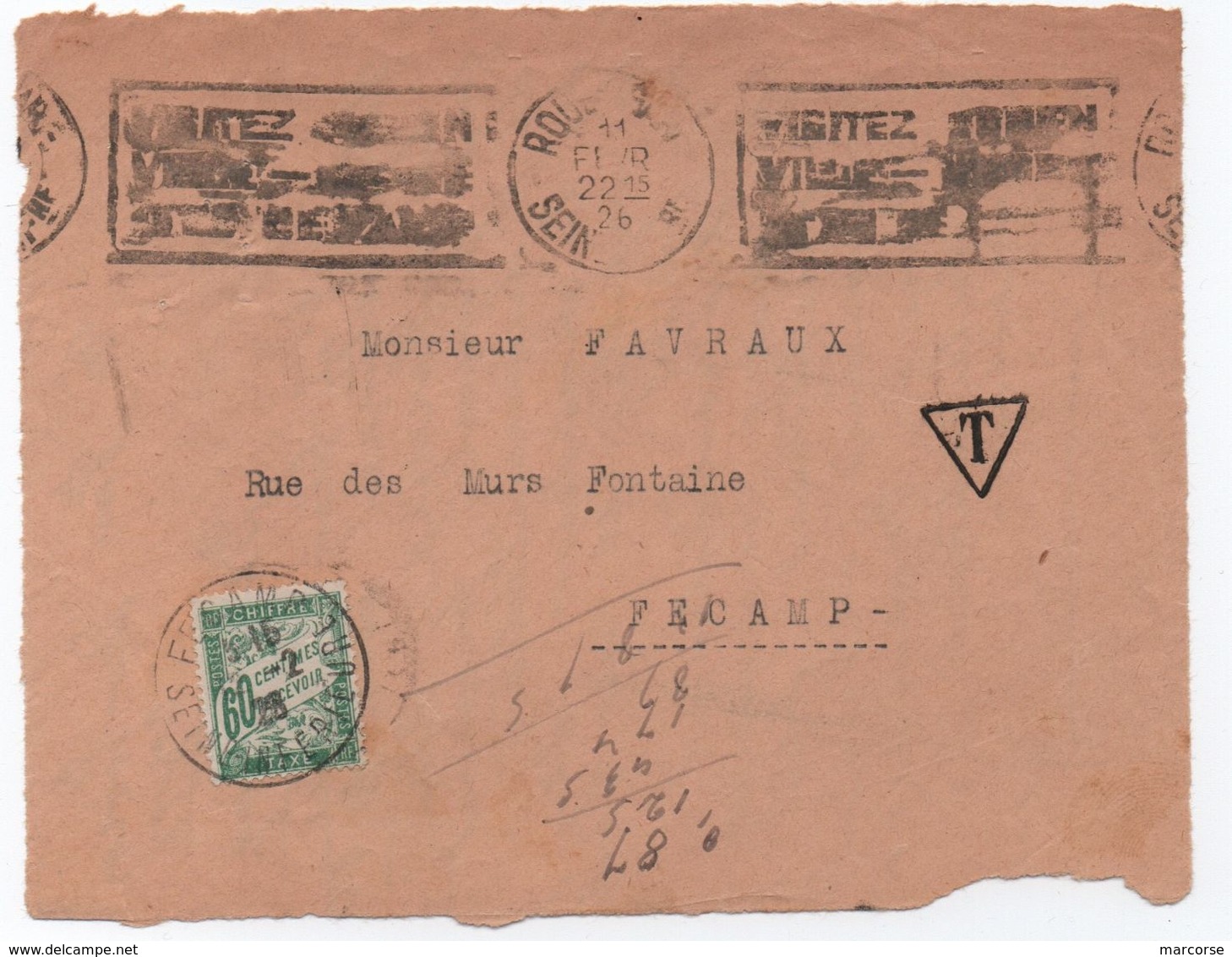 Devant De Lettre Non Affranchie FEV. 1926 TAXE 60c Vert Banderole Duval Seul (début D'utilisation) Rouen > Fécamp - 1859-1959 Briefe & Dokumente